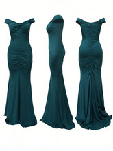 Women's Elegant Solid Color V-Neck Off-Shoulder Ruffle High Slit Maxi Dress With Train